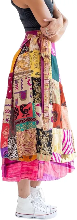 YILLE Boho Sari Silk Vintage Patchwork Wraparound Long Skirt for Women Ethnic Tie Waist Gypsy Skirt Multicolor Asymmetrical Free Size, Ethnic Fashion for Any Occasion and Casual Outings (Pack of 1)