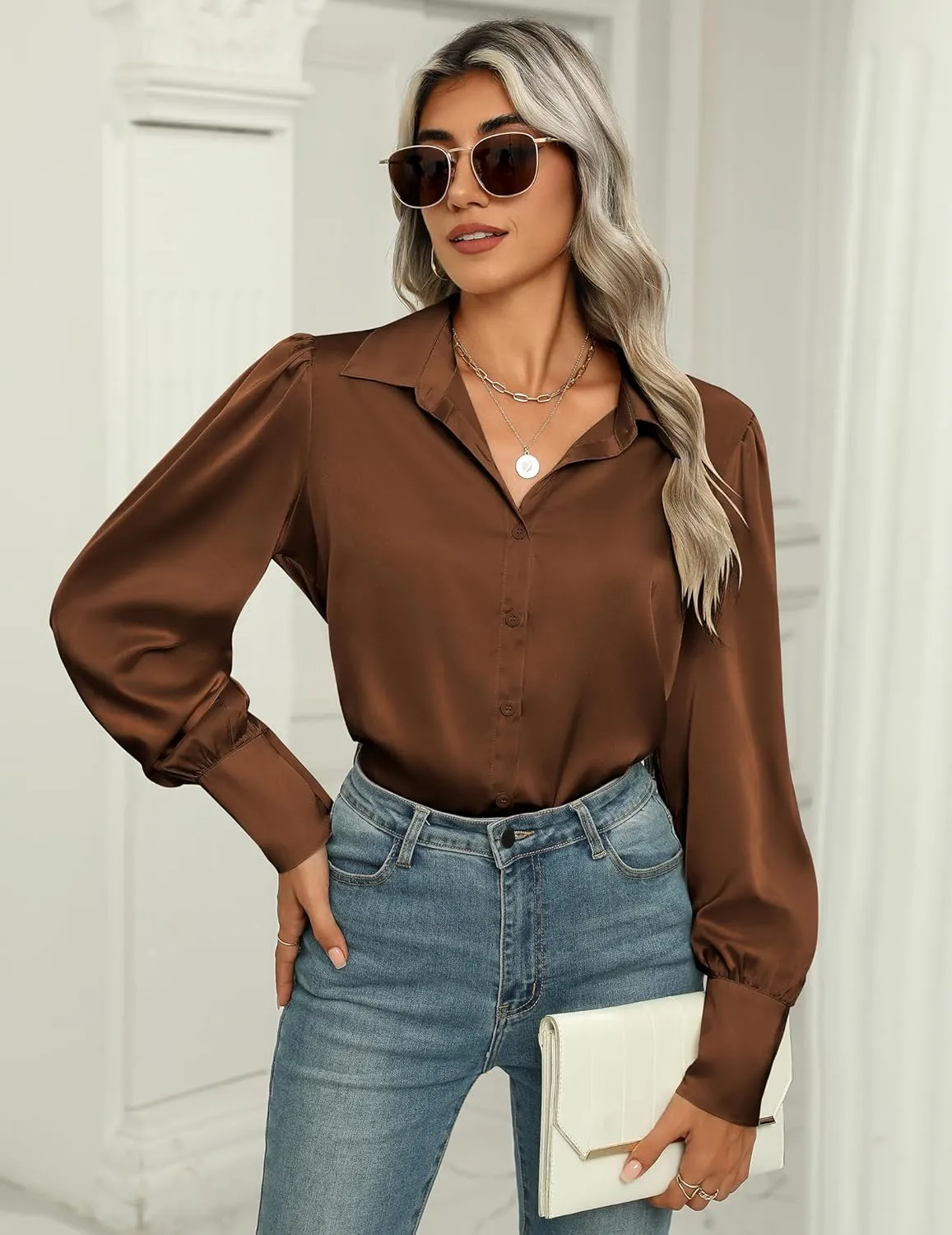 Zeagoo Womens Satin Blouse Lantern Long Sleeve Silk Button Down Shirt Dressy Casual Business Work Tunic Tops