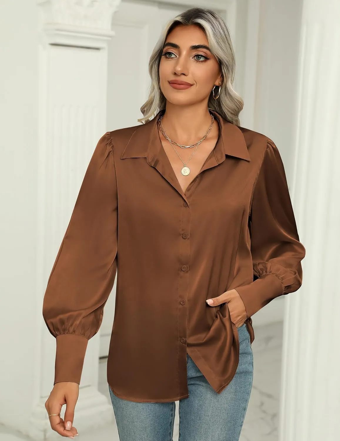 Zeagoo Womens Satin Blouse Lantern Long Sleeve Silk Button Down Shirt Dressy Casual Business Work Tunic Tops