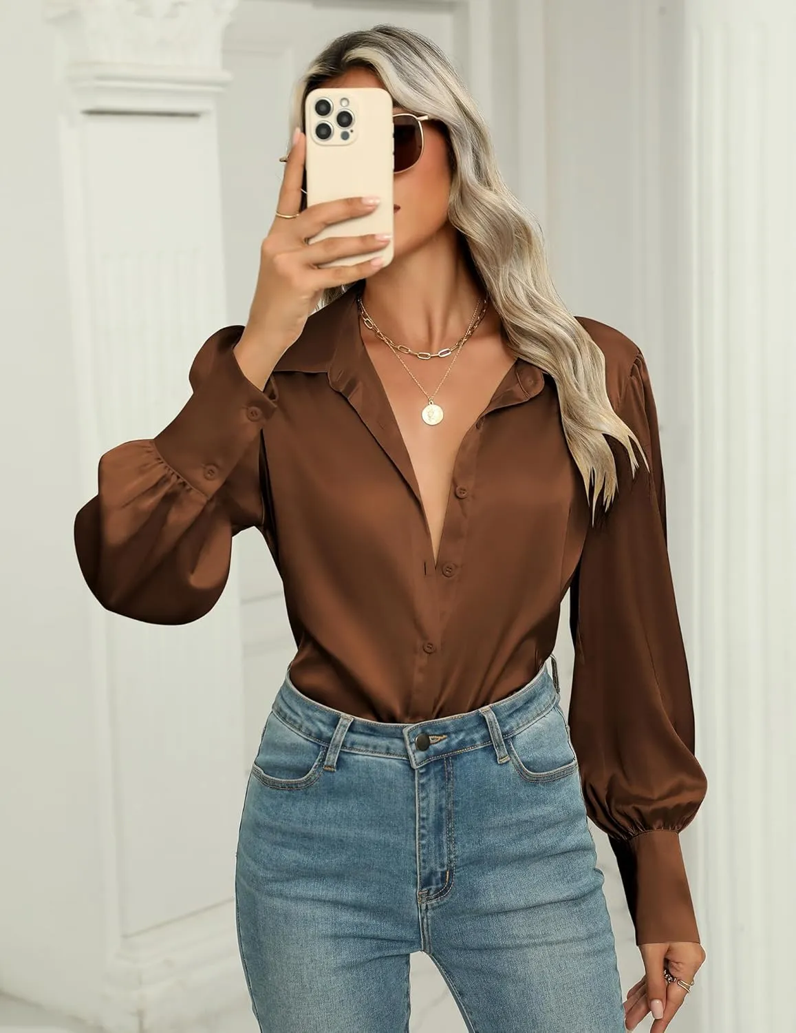 Zeagoo Womens Satin Blouse Lantern Long Sleeve Silk Button Down Shirt Dressy Casual Business Work Tunic Tops