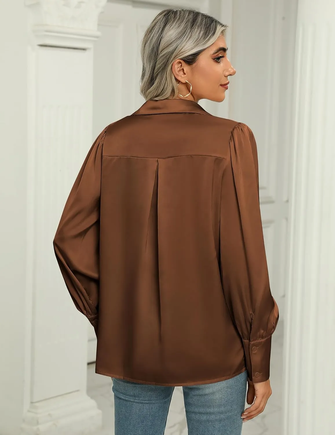 Zeagoo Womens Satin Blouse Lantern Long Sleeve Silk Button Down Shirt Dressy Casual Business Work Tunic Tops