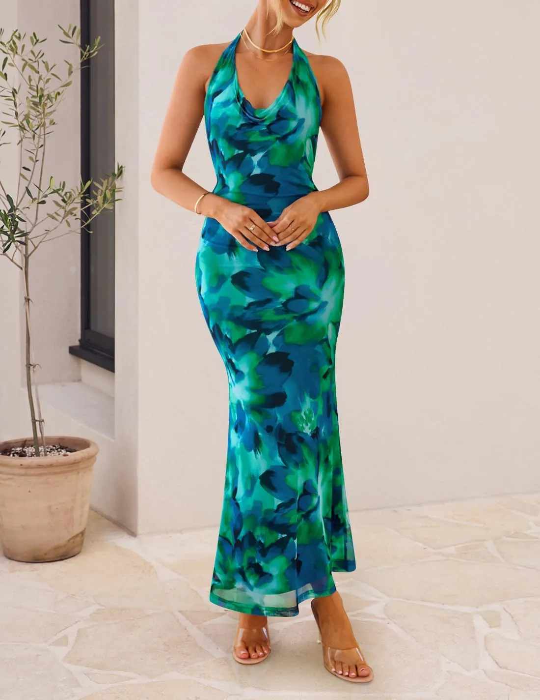 ZESICA Women's 2025 Summer Halter Neck Floral Print Maxi Dress Sleeveless Backless Wedding Guest Party Bodycon Long Dresses