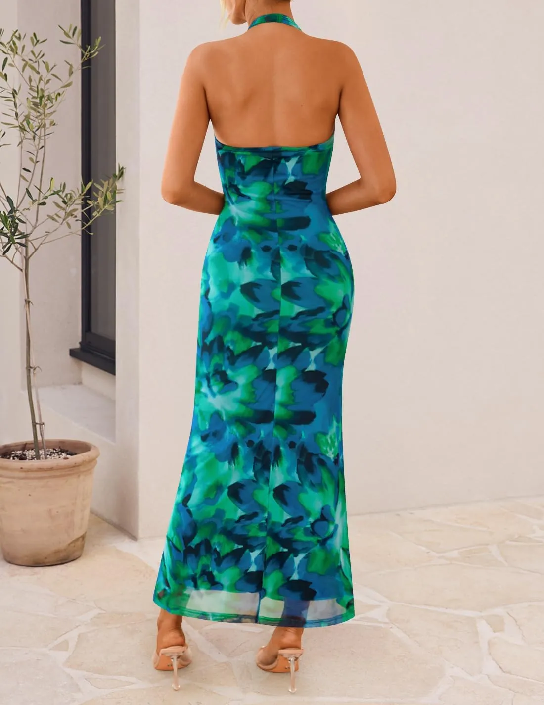 ZESICA Women's 2025 Summer Halter Neck Floral Print Maxi Dress Sleeveless Backless Wedding Guest Party Bodycon Long Dresses