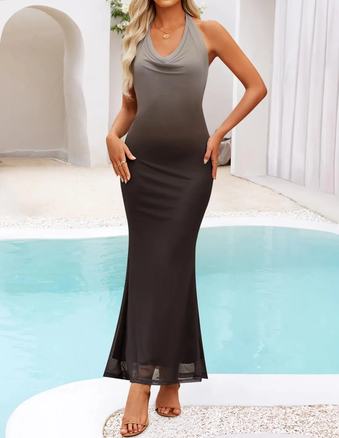 ZESICA Women's 2025 Summer Halter Neck Floral Print Maxi Dress Sleeveless Backless Wedding Guest Party Bodycon Long Dresses