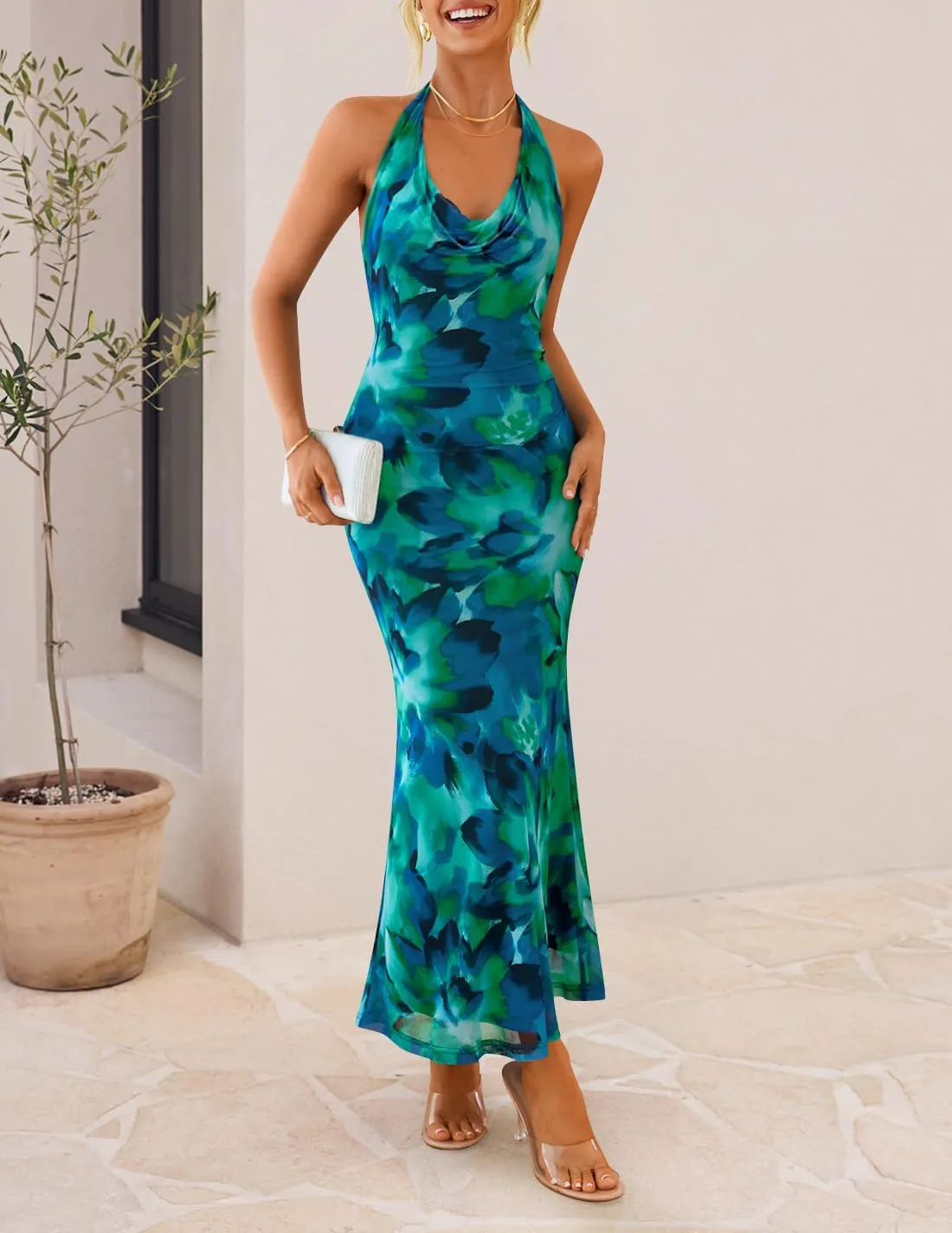 ZESICA Women's 2025 Summer Halter Neck Floral Print Maxi Dress Sleeveless Backless Wedding Guest Party Bodycon Long Dresses
