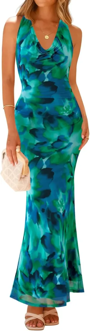 ZESICA Women's 2025 Summer Halter Neck Floral Print Maxi Dress Sleeveless Backless Wedding Guest Party Bodycon Long Dresses